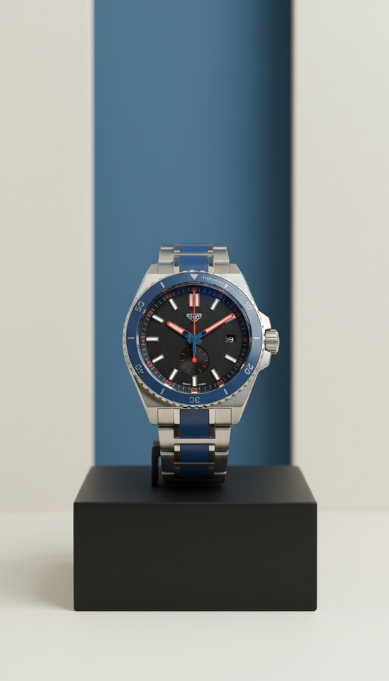 Montre acier accents bleus modernistes